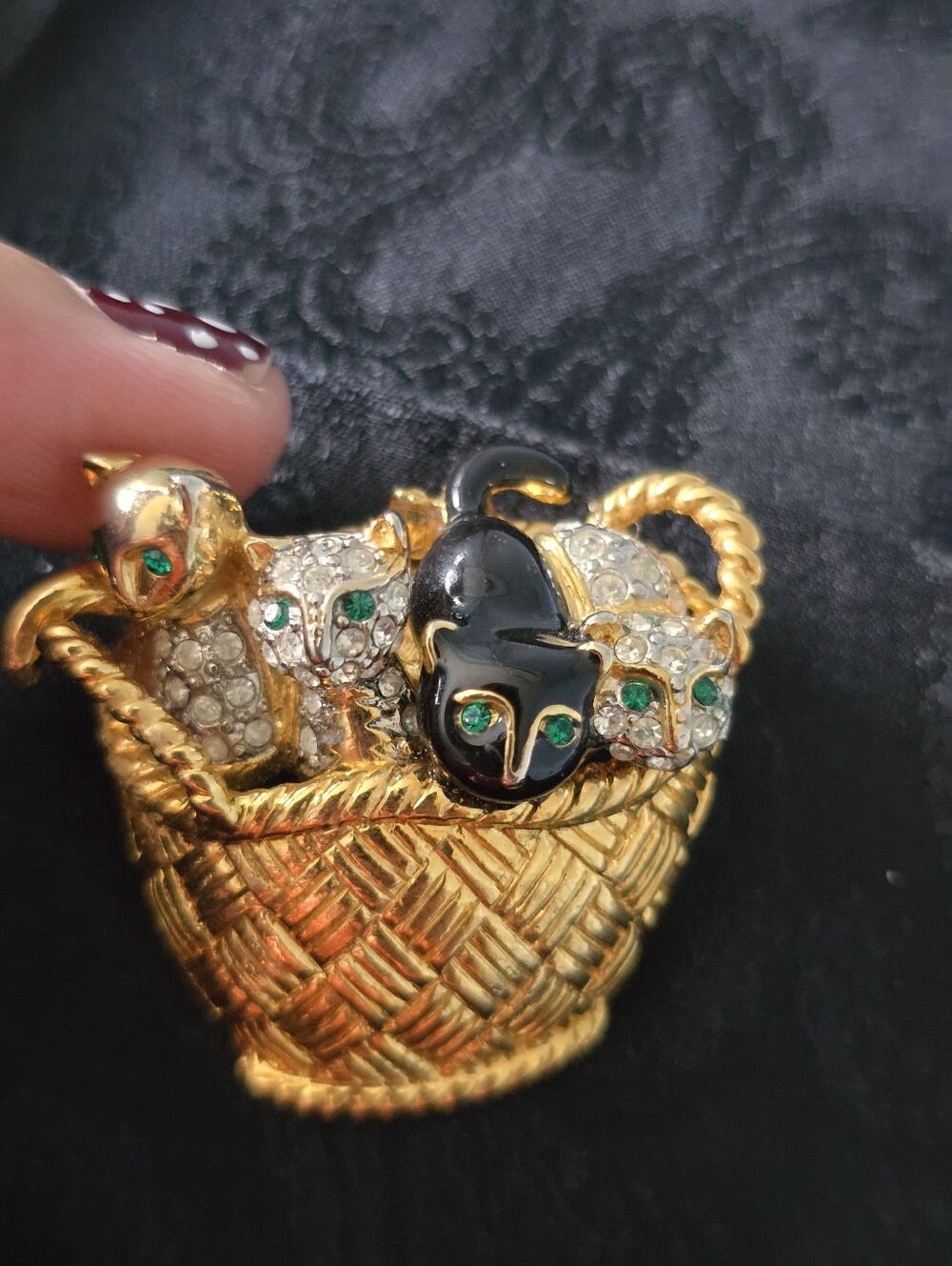 Gold-Tone Cat Trio Basket Brooch with Black and Crystal Accents